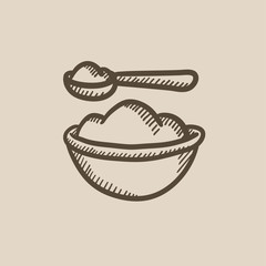 Baby spoon and bowl full of meal sketch icon.