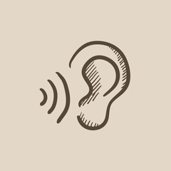 Ear and sound waves sketch icon.