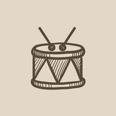 Drum with sticks sketch icon.