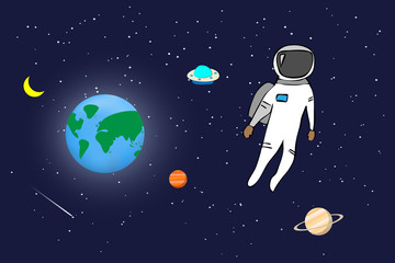 Naklejka premium astronaut in space with earth moon saturn in background
