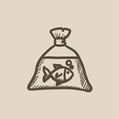 Fish in plastic bag sketch icon.