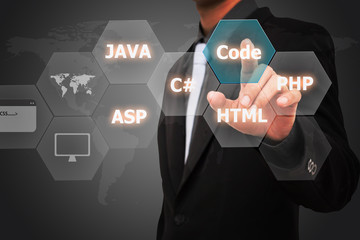 Code word clouds and man select on screen.