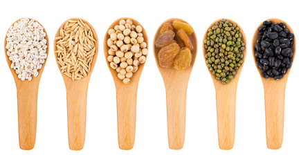 Cereal grains , seeds, beans on white background