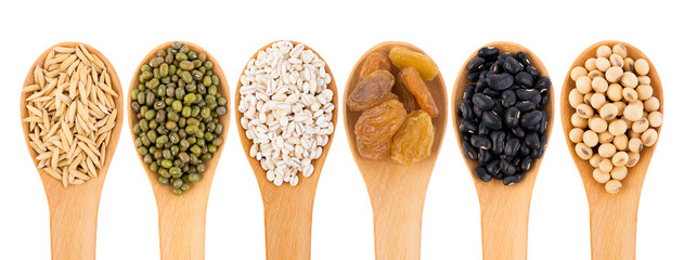 Cereal grains , seeds, beans on white background