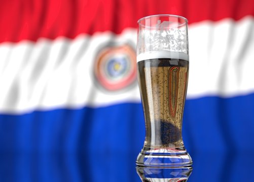 a glass of beer in front a Paraguayan flag. 3D illustration rendering.