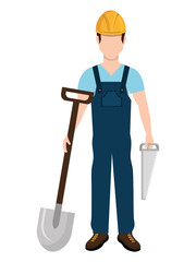 avatar construction man with grey shovel and yellow  helmet over isolated background, vector illustration 