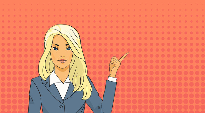 Blonde Business Woman Point Finger To Copy Space Pop Art Colorful Retro Style