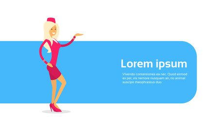 Stewardess In Uniform Open Palm To Copy Space