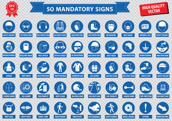 mandatory signs, construction health, safety sign used in industrial applications (safety helmet, gloves, ear protection, eye protection, foot protection, hairnet, respirator, mask, antistatic, apron) - obrazy, fototapety, plakaty