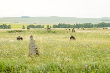 Ancient gravestone in the steppe of southern Siberia.