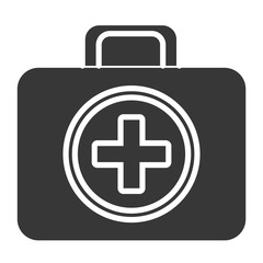 black and white first aid bag box front view over isolated background, vector illustration 