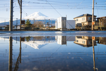 Fototapeta na wymiar Fuji mountain with reflection at the kawaguchiko station, landmark