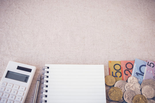 Australian Money, AUD With Calculator, Notebook Selective Focus