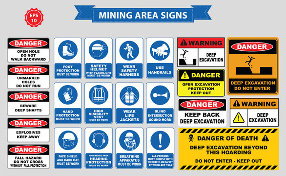 Mining mandatory sign (safety helmet with flashlight must be worn, use handrails, dust mask, breathing apparatus, goggles, hearing protection, fasten seat belts, sound horn)