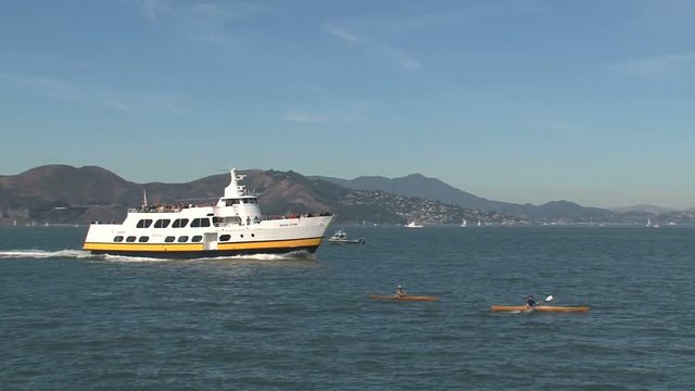 Ferry And Canoe In Front Of Alcatraz San Francisco