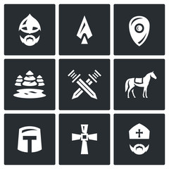Vector Set of Ice Battle Icons. Warrior, Spear, Shield, Lake, Forest, Crossed, Swords, Knight, Crusader, Cross, Priest.