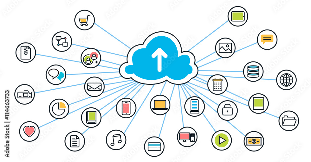 Wall mural vector flat line modern simple design illustration concept of saving cloud service with branches and