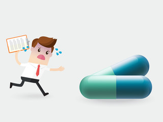 sick businessman running to huge pills