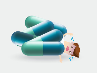 sick businessman under a lot of huge pill