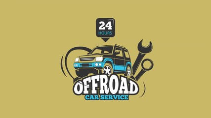 Off road car service emblem or animated SUV logo. 4x4 vehicle repair car workshop 24 hours sign