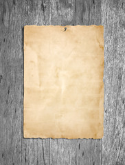 Old grunge paper on gray wood or wooden wall background