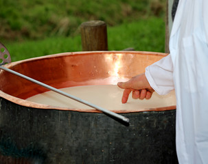 cheesemaker checks with hand the milk's temperature inside the b