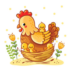 Cartoon hen and chickens isolated on background. Farm. Chicken family. Hen and chickens vector isolated