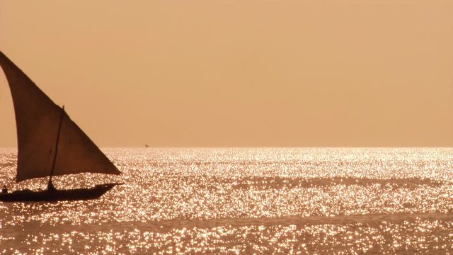 Dhow on Indian Ocean silhouetted by sunset light, Tanzania