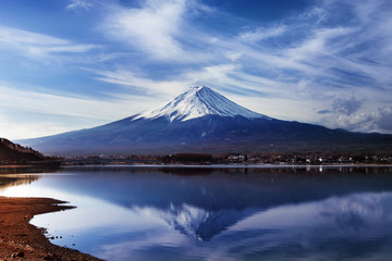 Fototapeta na wymiar The reflection of Mt.Fuji in lake kawaguchiko, Japan