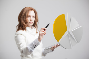 Woman shows a pie chart, circle diagram. Business analytics concept.