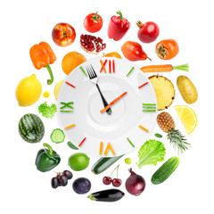 Food clock with fruits and vegetables