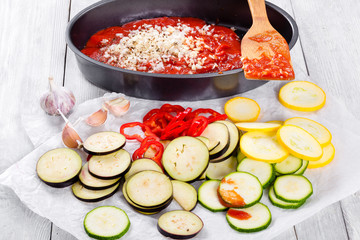 Raw ingredients for traditional French casserole, close-up