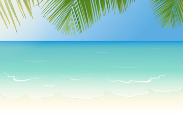 Fototapeta na wymiar Sandy beach with crystal clear sea and palm tree leaves