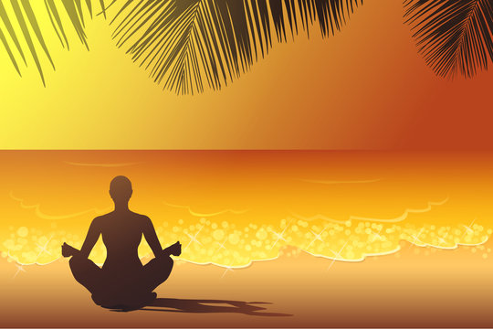 Woman is sitting in the yoga pose on the beach at the sunset vector illustration