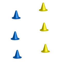 Soccer cones, sport training, yellow and blue type, 3d , vector illustration.