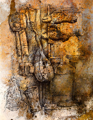 two fishes flying in room of a musician, drawing