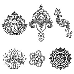 Henna tattoo flowers. Mehndi. Set.
