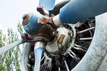 Engine and propeller closeup from retro airplane