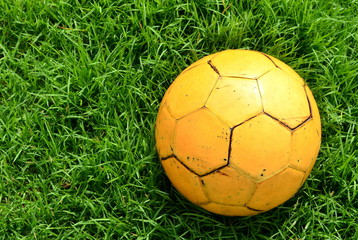 Fototapeta premium Yellow football on the lawn in evenig day,sport activity,recreation.