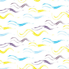 Acrylic paint wave strokes seamless vector pattern. Violet, blue and yellow brush smears white bold background.