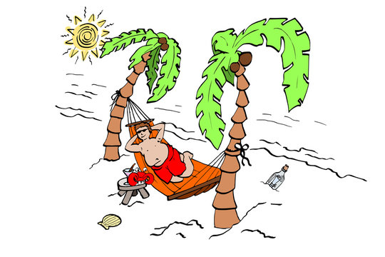 Tekening van dikke man hangmat en palmbomen