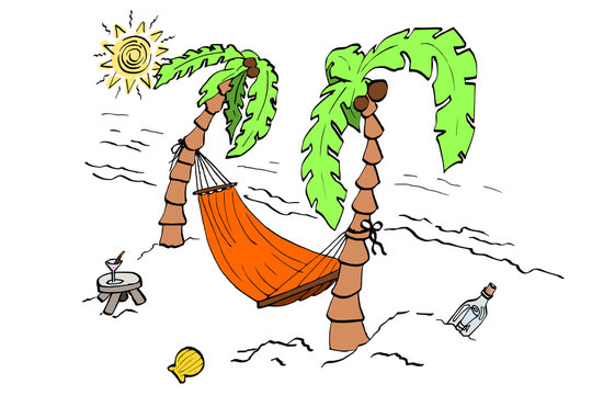 Tekening van hangmat en palmbomen