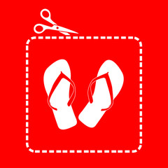 Icono plano tijeras cortando cupón con chanclas en fondo rojo