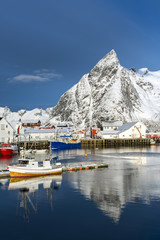 Small fishing harbor on Hamnoy Island during winter time, Lofote