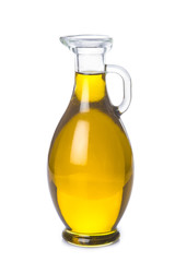 ceite de oliva virgen extra en botella de cristal aislado sobre un fondo blanco y decorado con hojas de olivo y aceitunas