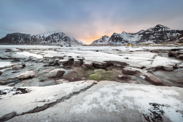 Skagsanden Beach in the winter on the Lofoten Islands, Norway