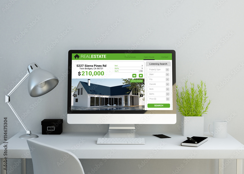 Wall mural modern clean workspace with real estate website on screen