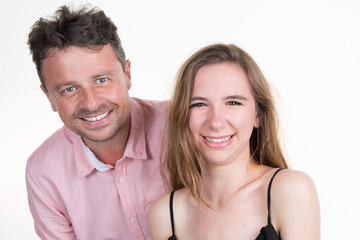 Portrait of smiling father and daughter isolated on a white