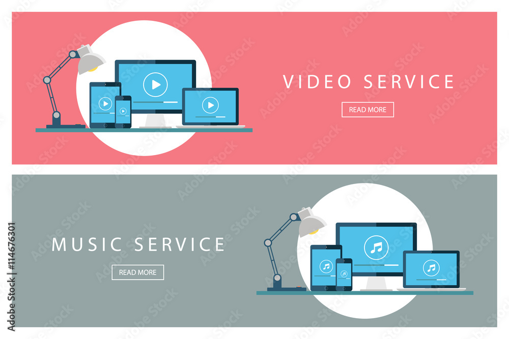 Poster set of flat design illustration concepts video service and music service. banners for web design, ma