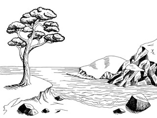 Naklejki  Grafika wektorowa sosny czarno-biały krajobraz wybrzeża morskiego